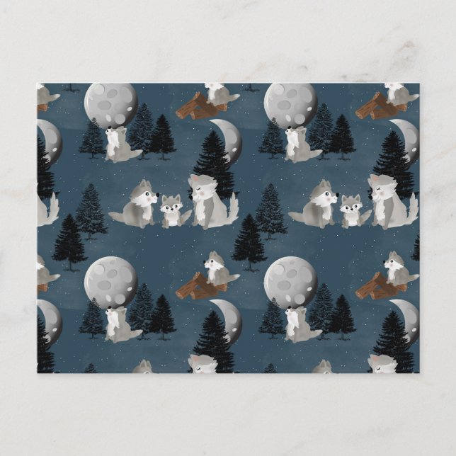 Cute Wolf Pack Woodland Night Sky Moon Postcard (Front)