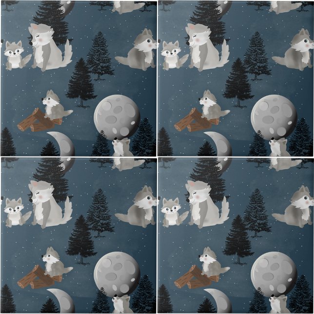 Cute Wolf Pack Woodland Night Sky Moon Tile (Cute Wolf Pack Woodland Night Sky Moon Ceramic Tile)