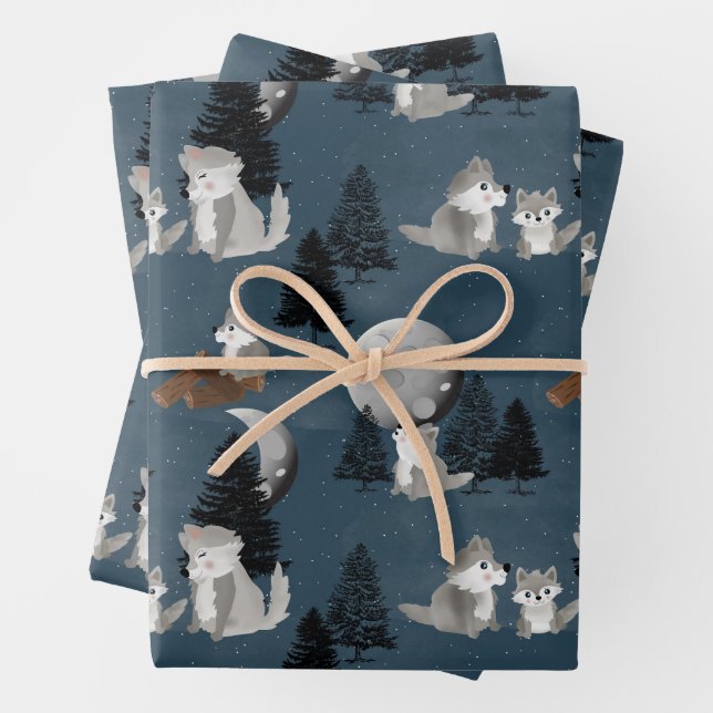 Cute Wolf Pack Woodland Night Sky Moon Wrapping Paper Sheet (In situ)