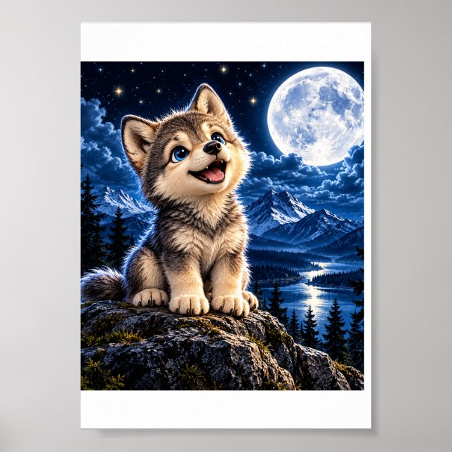 Cute Wolf Pup – Moonlight Adventure Poster (Front)