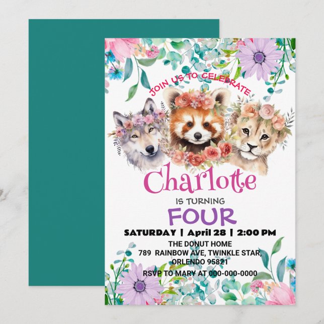 Cute Wolf raccoon jungle Animals Birthday Floral Invitation (Front/Back)