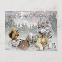 Cute Wolf Squirrel Winter Snow Forest Christmas
