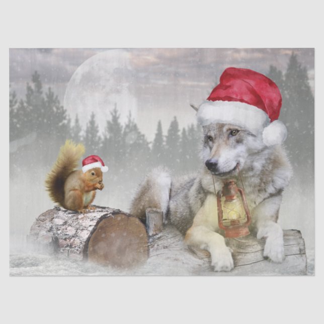 Cute Wolf Squirrel Winter Snow Forest Christmas Tissue Paper (Front)
