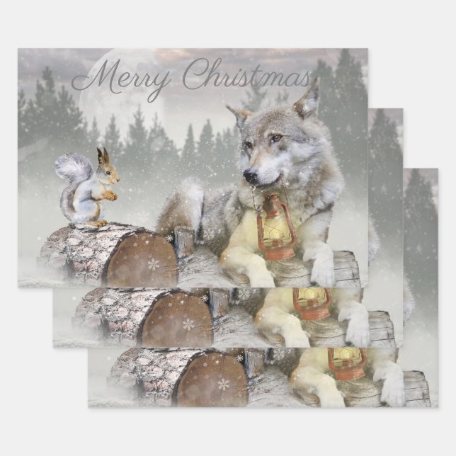 Cute Wolf Squirrel Winter Snow Forest Christmas Wrapping Paper Sheet (Set)