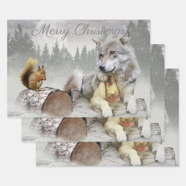 Cute Wolf Squirrel Winter Snow Forest Christmas Wrapping Paper Sheet (Set)
