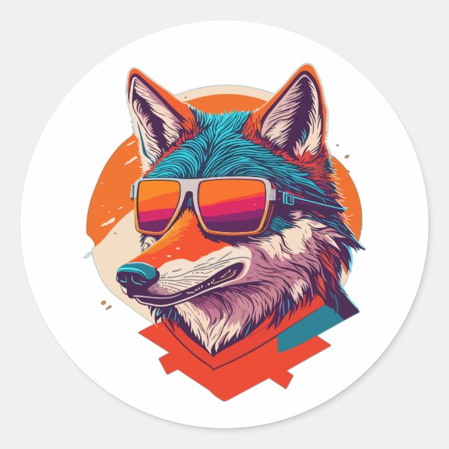 CUTE WOLF WEARING SUNGLASS. CLASSIC ROUND STICKER (Front)