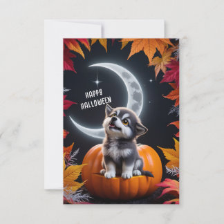 Cute Wolf with Crescent Moon Nighttime Autumn Card