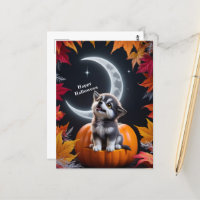 Cute Wolf with Crescent Moon Nighttime Autumn Scen
