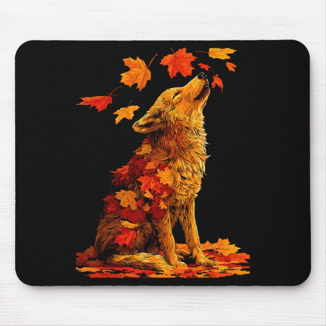 Cute Wolf With Fall Leaves Forest Animal Autumn Ae Mouse Pad (Front)
