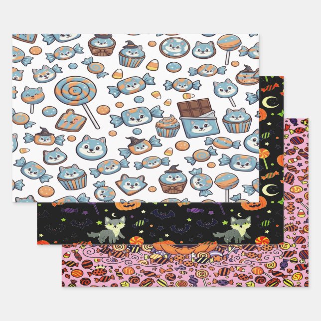 Cute Wolf with Spooky Candy For Halloween Wrapping Paper Sheet (Set)