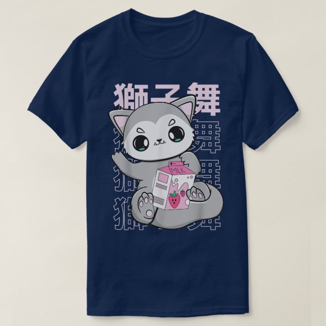 Cute Wolf With Strawberry Milk Bubble Tea For Boba T-Shirt (Design Front)