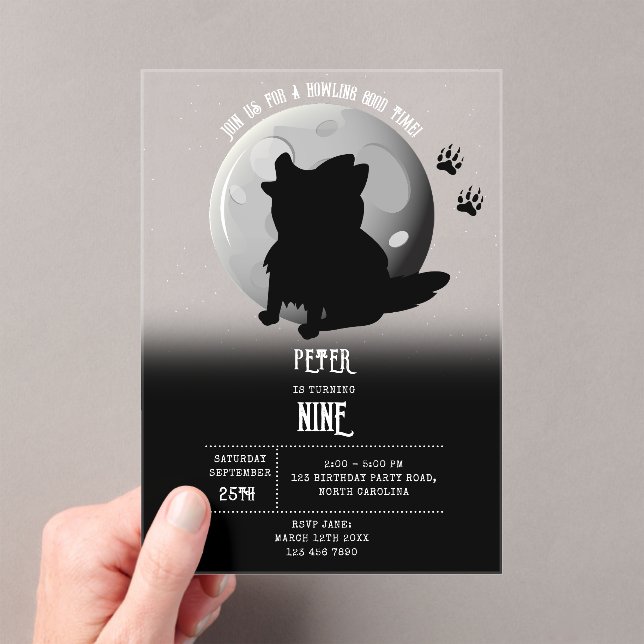 Cute Wolf Woodland Moon Howling Kids Birthday Acrylic Invitations (Insitu (Handheld))