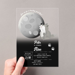 Cute Wolf Woodland Moon Howling Kids Birthday Acrylic Invitations