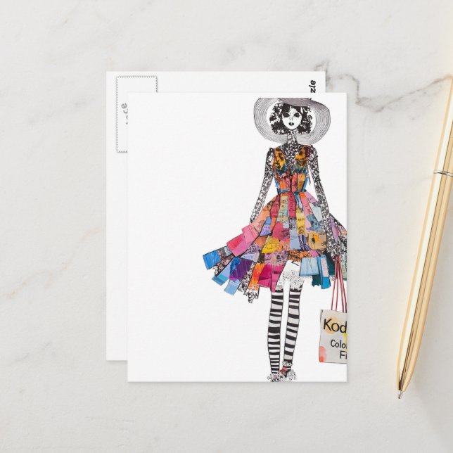 Cute Woman in Collage Fashions Outfit Postcard (Front/Back In Situ)