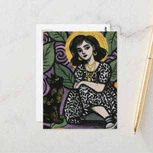 Cute woman sitting with her cat postcard