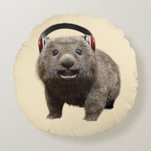 Cute Wombat with Headphones Music Lover Art Round Pillow