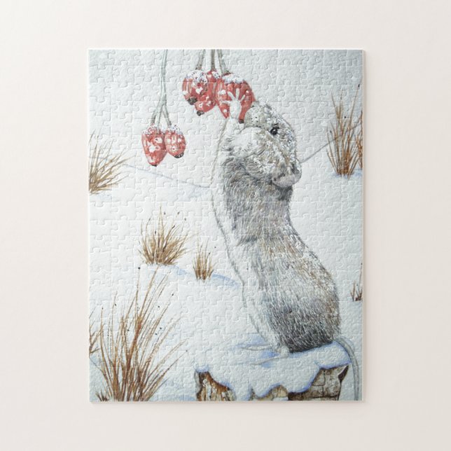 cute wood mouse winter snow scene wildlife jigsaw puzzle (Vertical)