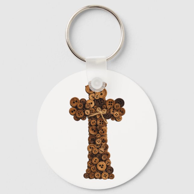 cute Wooden Button Cross christian  Keychain (Front)