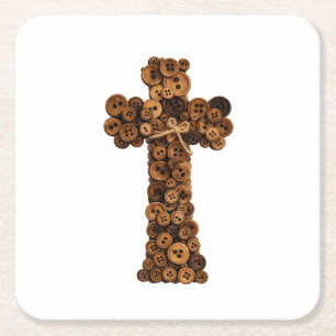 cute Wooden Button Cross christian Square Paper Coaster