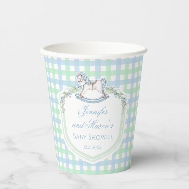 Cute wooden rocking horse crest baby boy shower paper cups (Front)