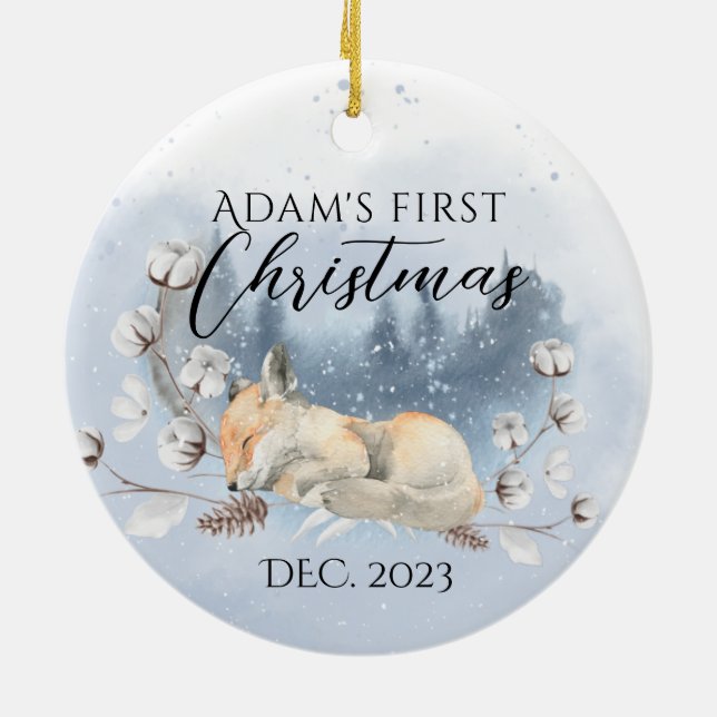 Cute woodland animal Baby 1st Christmas Photo Ceramic Ornament (Back)