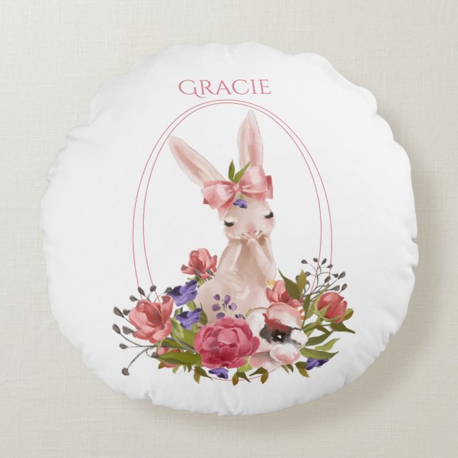 Cute Woodland Animal Bunny Floral Name Round Pillow (Front)