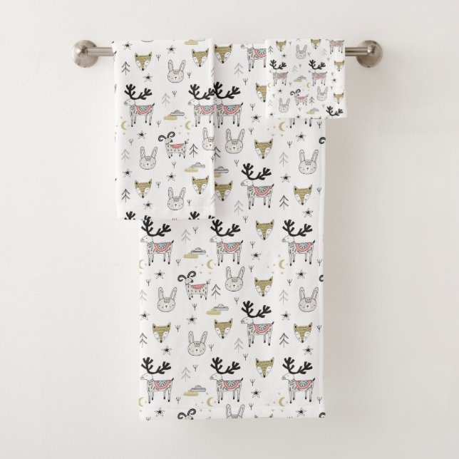 Cute Woodland Animal Doodle Pattern Bath Towel Set (Insitu)