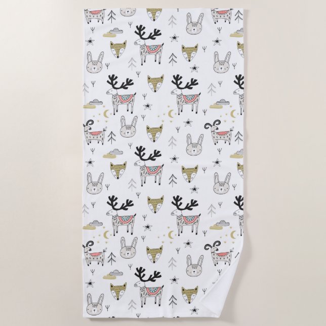 Cute Woodland Animal Doodle Pattern Beach Towel (Front)