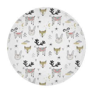Cute Woodland Animal Doodle Pattern Cutting Board