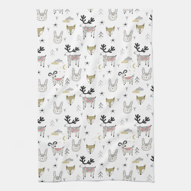 Cute Woodland Animal Doodle Pattern Kitchen Towel (Vertical)