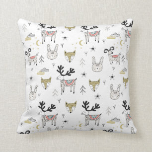 Cute Woodland Animal Doodle Pattern Throw Pillow