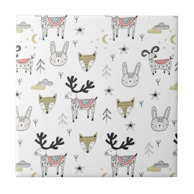 Cute Woodland Animal Doodle Pattern Tile (Front)