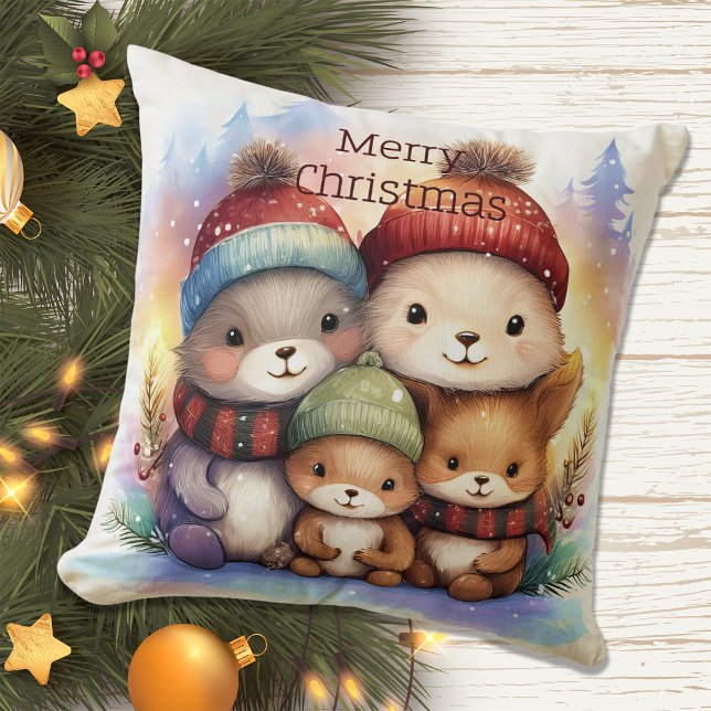 Cute Woodland Animal Family Holiday Throw Pillow (Creator Uploaded)