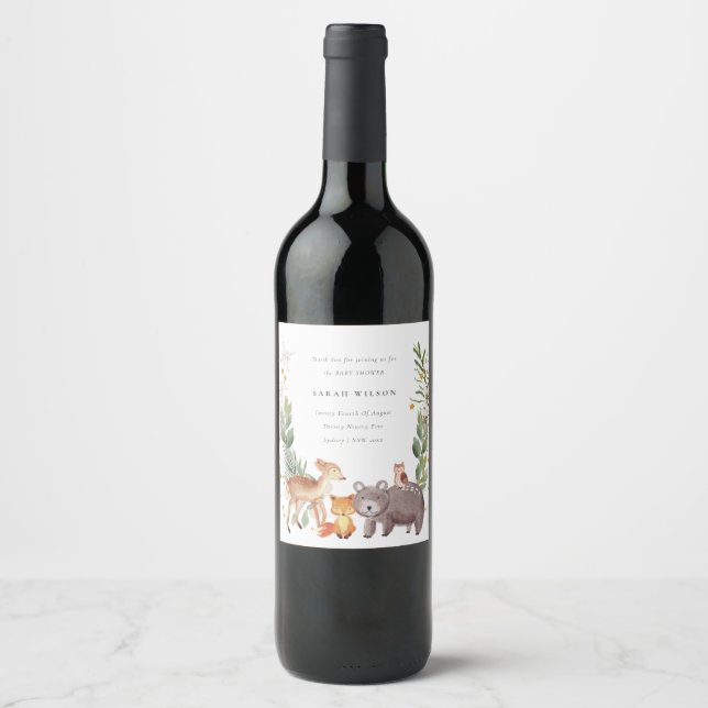 Cute Woodland Animal Leafy Wreath Baby Shower Wine Label (Front)