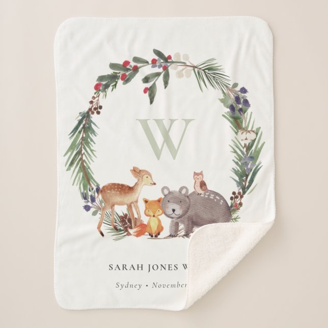 Cute Woodland Animal Leafy Wreath Monogram Kids Sherpa Blanket (Front)