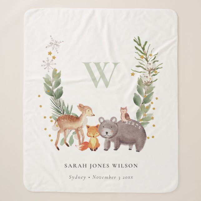 Cute Woodland Animal Leafy Wreath Monogram Kids Sherpa Blanket (Front)
