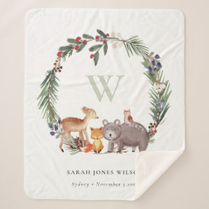 Cute Woodland Animal Leafy Wreath Monogram Kids Sherpa Blanket