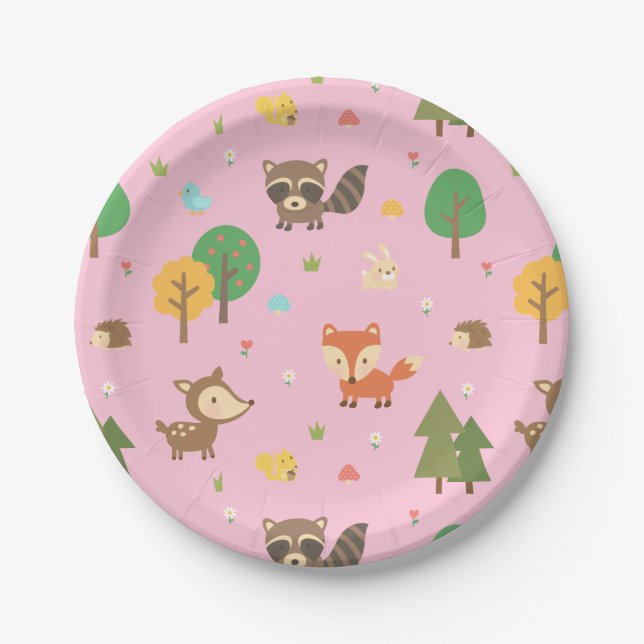 Cute Woodland Animal Pattern Baby Shower Party Paper Plate (Front)