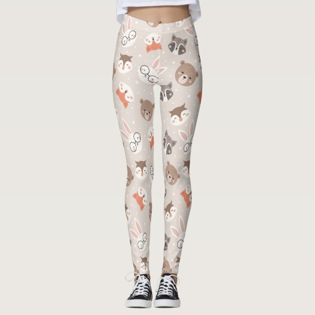 Cute Woodland Animal Pattern Leggings (Front)