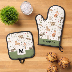Cute Woodland Animal Pattern Oven Mitt & Pot Holder Set