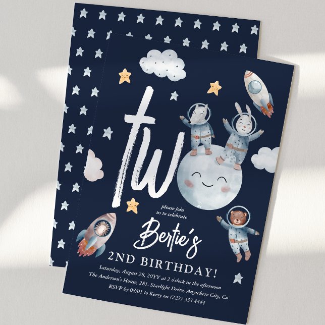 Cute Woodland Animal Space 2nd Birthday Invitation (Creator Uploaded)
