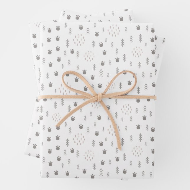 Cute Woodland Animal Track Pattern Wrapping Paper Sheet (In situ)