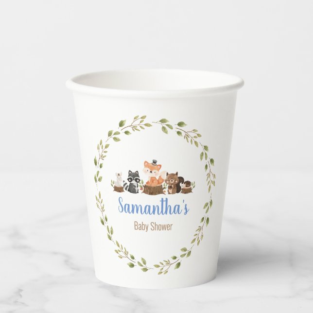 Cute Woodland Animal Watercolor Baby Shower Paper Cups (Front)
