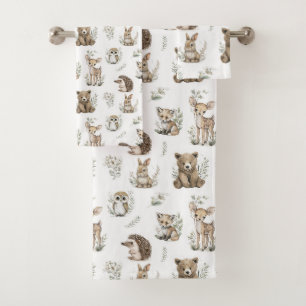 Cute Woodland Animal Watercolour Bath Towel Set