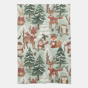 Cute Woodland Animal Winter Forest Pattern Kitchen Towel