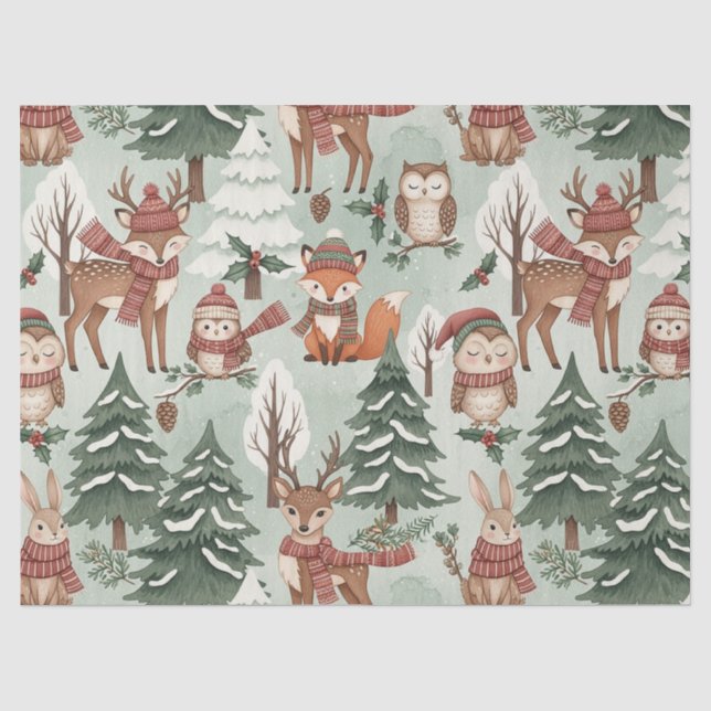 Cute Woodland Animal Winter Forest Pattern Tissue Paper (Front)