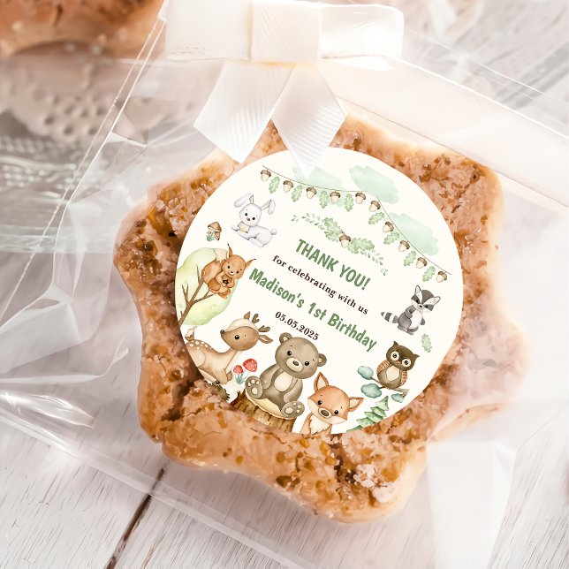 Cute Woodland Animals 1st Birthday Party  Classic Round Sticker (Creator Uploaded)