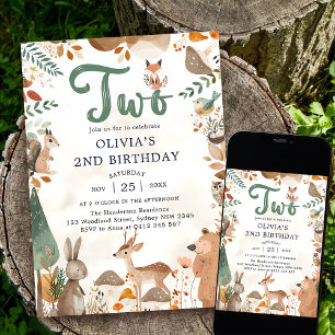 Cute Woodland Animals 2nd Birthday Party Invitation