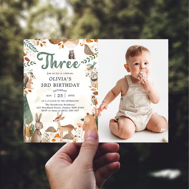 Cute Woodland Animals 3rd Birthday Party Photo  Invitation (Creator Uploaded)