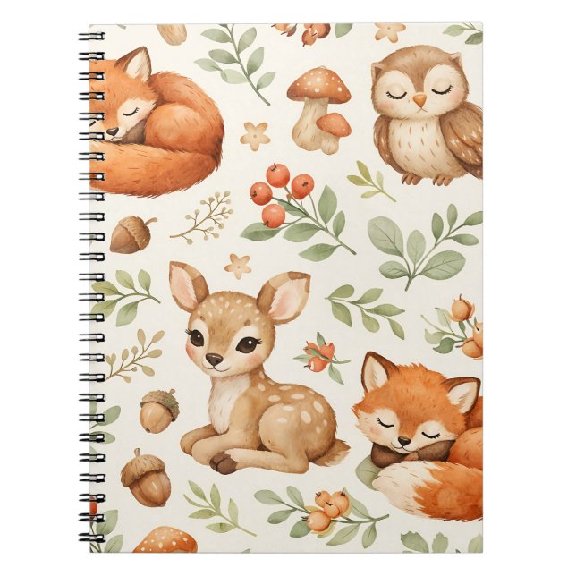 Cute Woodland Animals and Berries Pattern Notebook (Front)